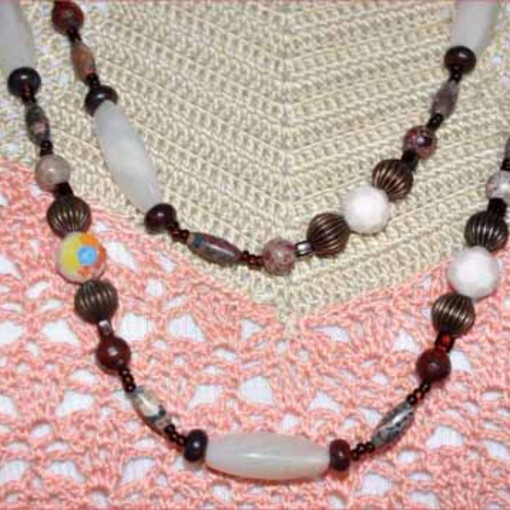 Antique Brass Aventurine & Tortoise Ivory Beaded Double Strand Necklace 57 Inch